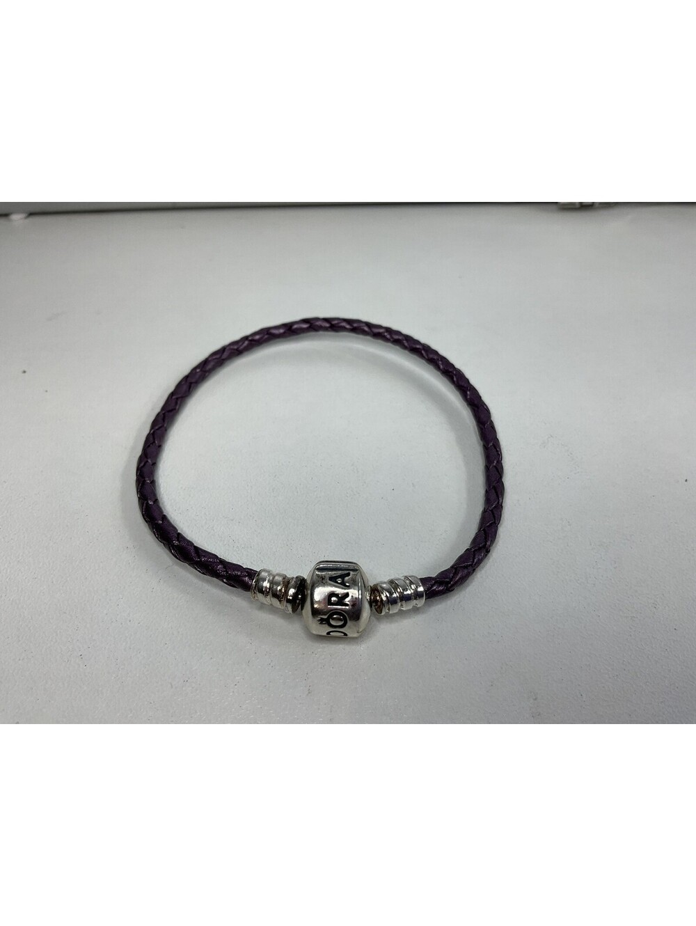 Pandora Purple Braided Leather Bracelet Barrel Clasp 7.5”